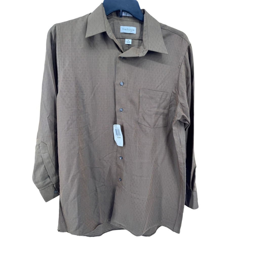 Van Heusen Shirt L 16 Mens Dress Brown Textured Long Sleeve‎ Button Down New